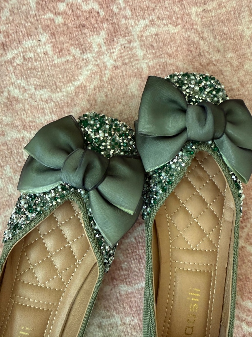Olive Green Beaded Bow Ballet Flats